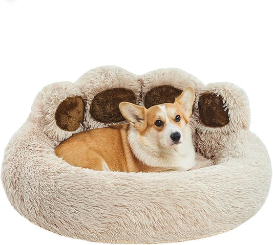 Jiupety Paw Shape Calming Pet Bed, Medium Plush Faux Fur Donut Bed for Dogs & Cats, Machine Washable, Non-Slip Bottom, Extra Large Size (32"×32"×10"), Camel