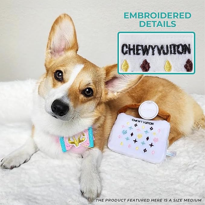 Haute Diggity Dog White Chewy Vuiton Handbag, Plush Designer Dog Toys with Interactive Squeaker, Stimulating Pet Enrichment, Machine-Washable & Safe Materials for All Breeds, Size Medium