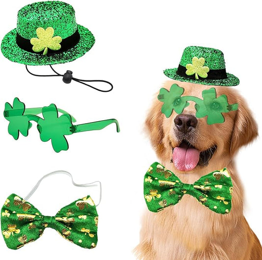 St Patrick's Day Dog Costume 3 Pcs Irish Leprechaun Green Tall Hat Pet Shamrock Sunglasses Bow Tie Kit for Large Dogs Saint Patricks Day Parties Dog Outfits (Large, Irish hat Bowtie Sunglasses)