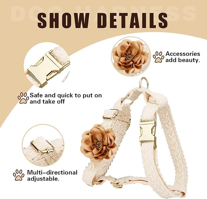 Dog Harness and Leash Set Metal Clasp Adjustable Cotton Embroidered No Pull for Dog Wedding Birthday Outfit,M