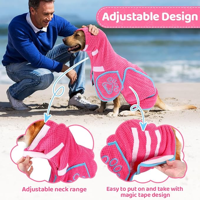SlowTon Dog Bathrobe Towel - Super Absorbent Microfiber Pet Quick Drying Towel, Wearable Soft Bath Robes for After Bath Shower Swim Wet Walk, Adjustable for Small Middle Large Dogs (Pink, 2XL)