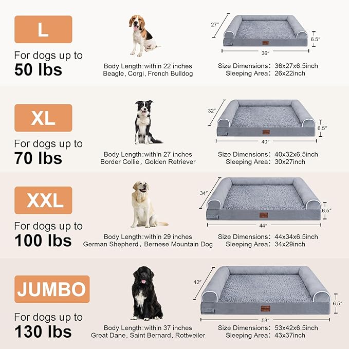 Large Dog Bed Orthopedic Washable: Jumbo Dog Bed Bolster Extra Large Dogs Egg Crate Foam Sofa Couch Waterproof Removable Cover - Grey