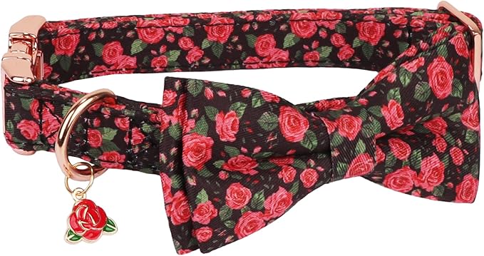 ADOGGYGO Floral Dog Collar with Bow, Red Rose Flower Dog Bowtie Collar with Metal Buckle, Adjustable Pet Floral Collars for Medium Dogs (Medium)