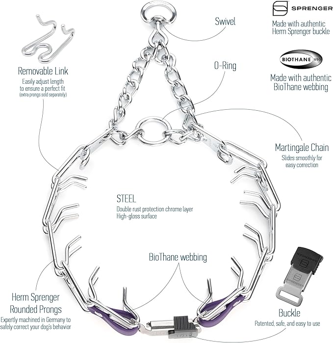 Herm Sprenger Chrome Plated Steel Dog Collar with Quick Release ClicLock Buckle and Biothane Insert Training Collar for Dogs Made in Germany (Violet Purple, 25in x 4.0mm(Neck Size up to21-22in))