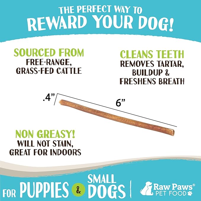 Raw Paws Thin Bully Sticks for Small Dogs, 6" (20 Pack) - Low Odor Bully Chews for Puppies - Free-Range Pizzle Sticks for Dogs - Single Ingredient Dog Chews - Rawhide Alternative - Long Lasting