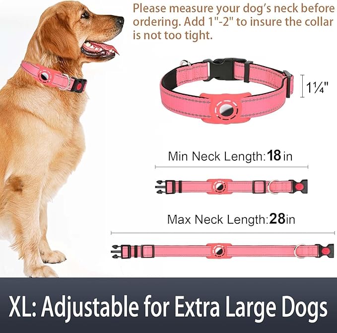 Airtag Dog Collar with AirTag Holder for Large Dogs, Reflective, Soft Padded & Safety Locking Buckle, Nylon Pet Collars Adjustable for All Breeds, Pink,XL