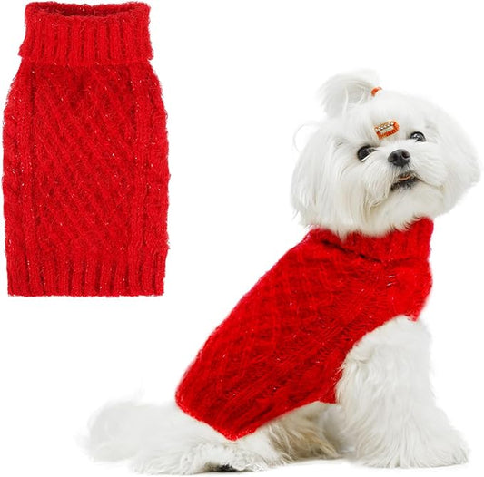 Turtleneck Small Dog Sweaters - Classic Cable Knitwear Winter Coat for Small Medium Dogs Male Female Puppy Dog Cold Weather Clothes Girls Boys, Red, M