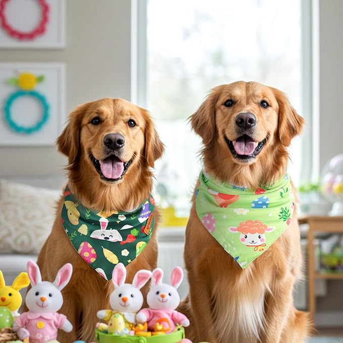 Vehomy 3-Pack Easter Dog Bandana Reversible Dog Bandanas Easter Egg Dog Bandanas Bunny Dog Scarfs Cat Triangular Bibs Easter Rabbit Pet Bandanas Scarves for Small Medium Large Dogs XL