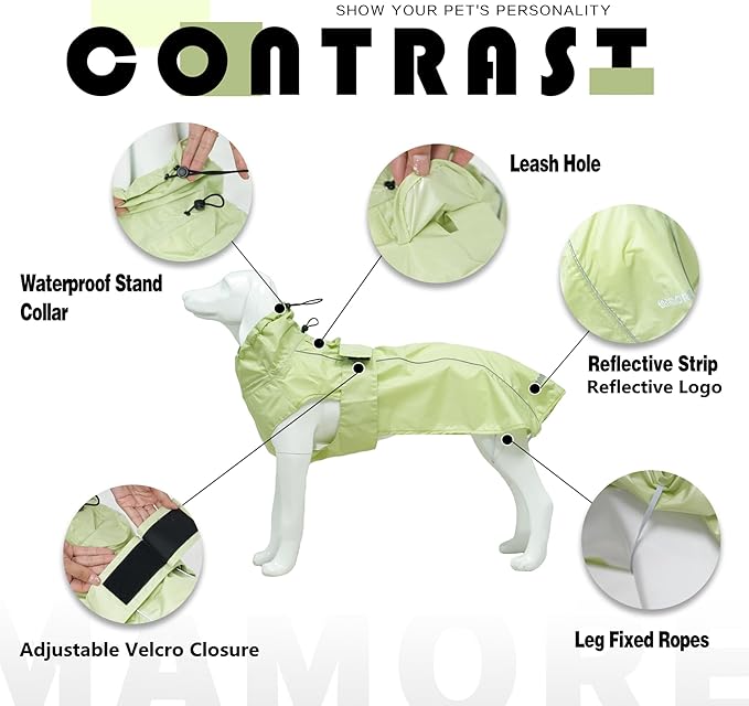 Waterproof Dog Raincoat with Reflective Strip, Adjustable Breathable Rain Coat Jacket with Leash Hole for Dogs (Light Green, Large)
