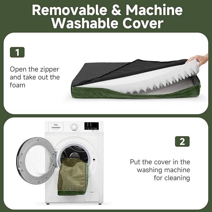 OhGeni Orthopedic Waterproof & Machine Washable Dog Bed for Medium Large Pets, Suitable for Crates, 25D Egg Crate Foam, Non-Slip Bottom & Removable Cover, Invisible Zipper, 35 Inches(Dark Green)
