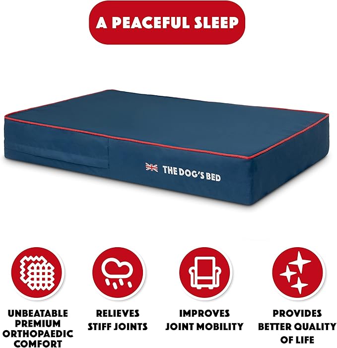 The Dog’s Bed Orthopedic Memory Foam Dog Bed, Large Blue Oxford with Red Trim UK Flag 40x25, Pain Relief for Arthritis, Hip & Elbow Dysplasia, Post Surgery, Supportive, Calming, Waterproof Washable