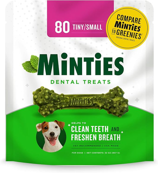 Minties Dental Chews for Dogs, 80 Count, Vet-Recommended Mint-Flavored Treats for Tiny/Small Dogs 5-24 lbs, Dental Bones Clean Teeth, Fight Bad Breath, and Removes Plaque and Tartar