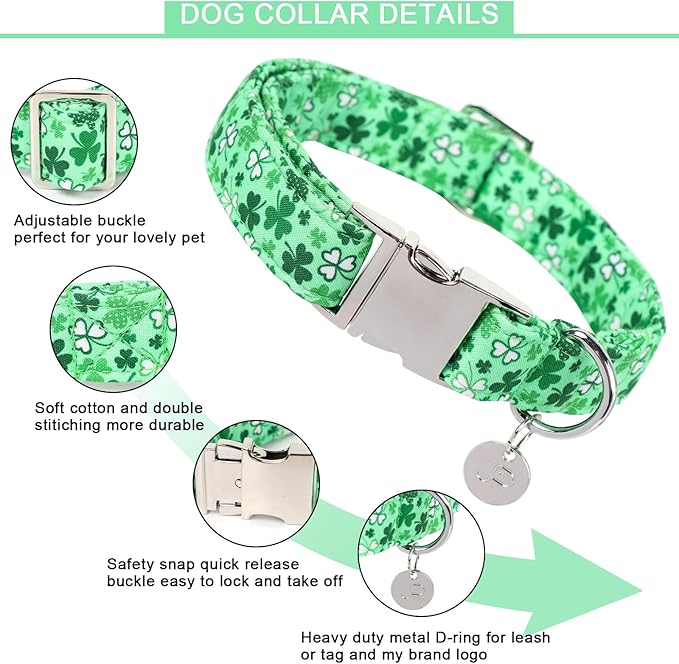 St. Patrick's Dog Collar, Cotton St. Patricks Clover Collar for Puppy Girl Boy Dog or Cat, Lucky Shamrock Dog Collar with Metal Buckle, Green, Spring, M