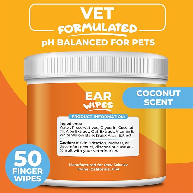 Dog Ear Cleaner Wipes – Finger Wipes for Dogs – Cleaning, Soothing, and Deodorizing Itchy Ears – Pet Ear Relief Solution - Coconut Scent