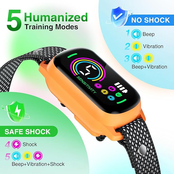 2 Pack Bark Collar, Rechargeable Dog Bark Collar for Large Medium Small Dogs, Smart Training Collar with 5 Adjustable Sensitivity Beep Vibration Harmless Shock, Anti Barking Device for Dogs (Orange)