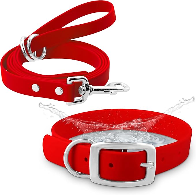 Regal Dog Products Small Red Waterproof Dog Collar and Leash Set | Heavy Duty Double Buckle & D Ring - 5'ft Leash | Adjustable Biothane Dog Collar | Chew Resistant Waterproof Collar for Dogs