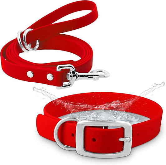 Regal Dog Products Small Red Waterproof Dog Collar and Leash Set | Heavy Duty Double Buckle & D Ring - 5'ft Leash | Adjustable Biothane Dog Collar | Chew Resistant Waterproof Collar for Dogs