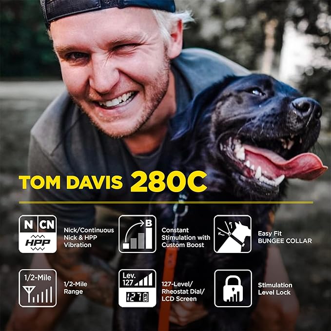 Dogtra E-Collar Tom Davis 280C Boost & Lock, Waterproof, 1/2-Mile Range Dog Training Collar with Remote, Rechargeable, 127 Levels, Vibration, Bungee, No Bad Dogs Trainer for Small, Medium, Large Dogs