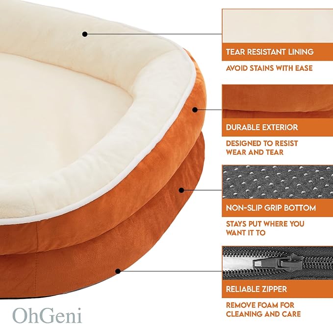 OhGeni Orthopedic Dog Couch Large Sized Pet Beds for Fathers Gifts with Comfort Foam Support, Soft Indestructible Fabric, Machine Washable Waterproof Removable Cover, 35-Inch (Orange)