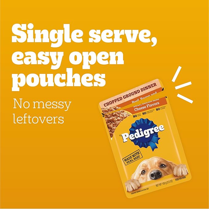 PEDIGREE CHOPPED GROUND DINNER Adult Soft Wet Dog Food, Beef, Bacon & Cheese Flavors, 3.5 oz Pouches, 16 Pack
