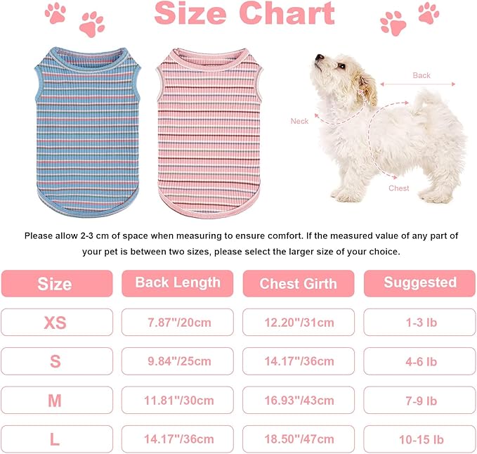 2Pack Dog Shirts for Small Dogs Girl Boy Striped Dog Shirt Vest Soft Stretchy Puppy Clothes Sleeveless Colorful Sweatshirt Small Puppy Outfit for Chihuahua Yorkie, Pink+Blue, L