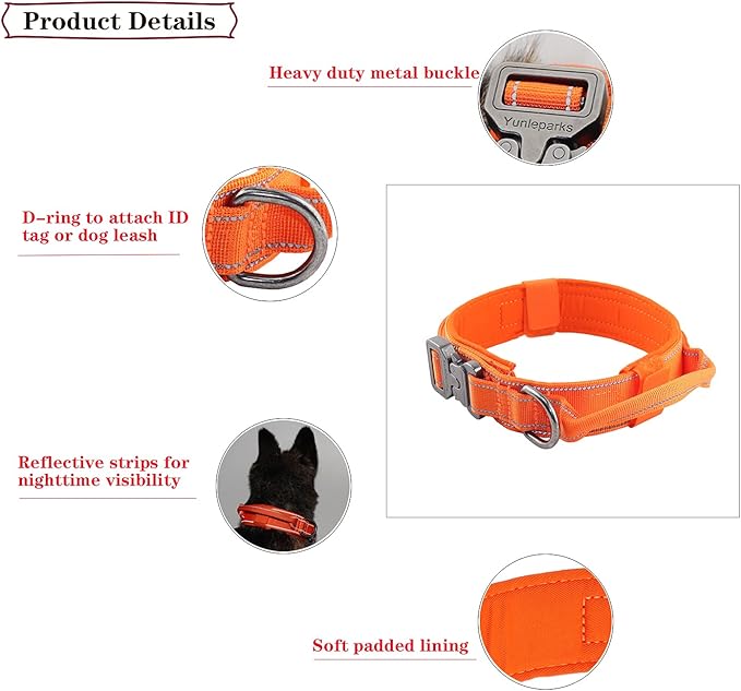 Tactical Dog Collar with Heavy Duty Metal Buckle and Control Handle for Medium Large Dogs Training(Orange, Large)