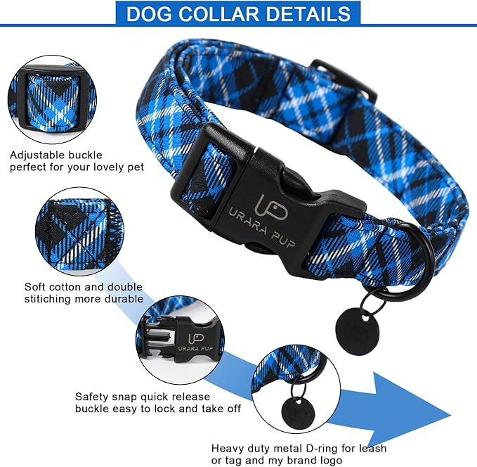 Autumn Cotton Dog Collar, Blue Plaid with Plastic Buckle, Adorable Pet Collar for Puppy, Cat or Dog