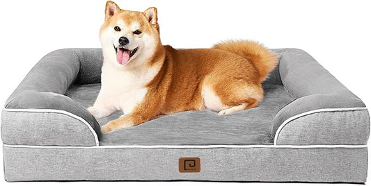 EHEYCIGA Orthopedic Dog Beds for Large Dogs, Waterproof Memory Foam Large Pet Bed with Sides, Non-Slip Bottom and Egg-Crate Foam Dog Couch Bed with Washable Removable Cover, Grey