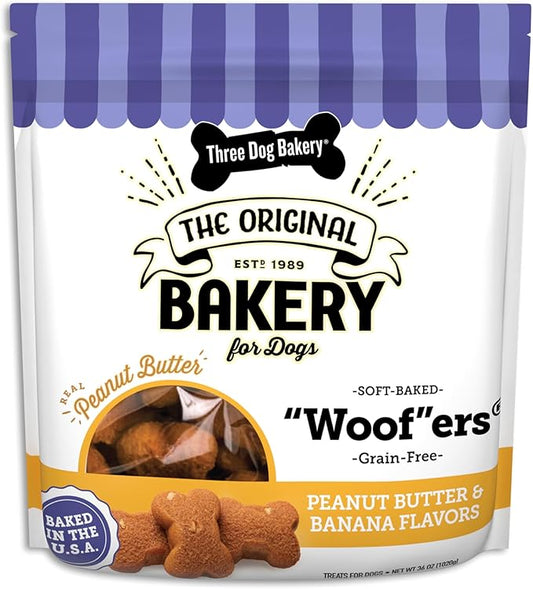 Three Dog Bakery Grain-Free “Woof”ers, Peanut Butter & Banana Flavor – Grain-Free Dog Treat, Cookies for Dog Training Treats, Puppy Treats with Real Ingredients