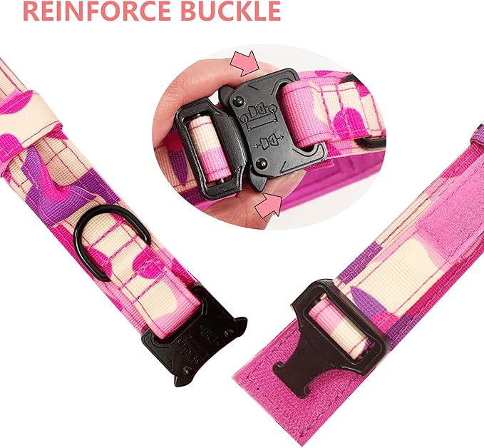 Xqpetlihai Tactical Dog Collar Adjustable Military Nylon Dog Collar with Control Handle and Heavy Duty Metal Buckle for Medium and Large Dogs (Pink Camo,L)