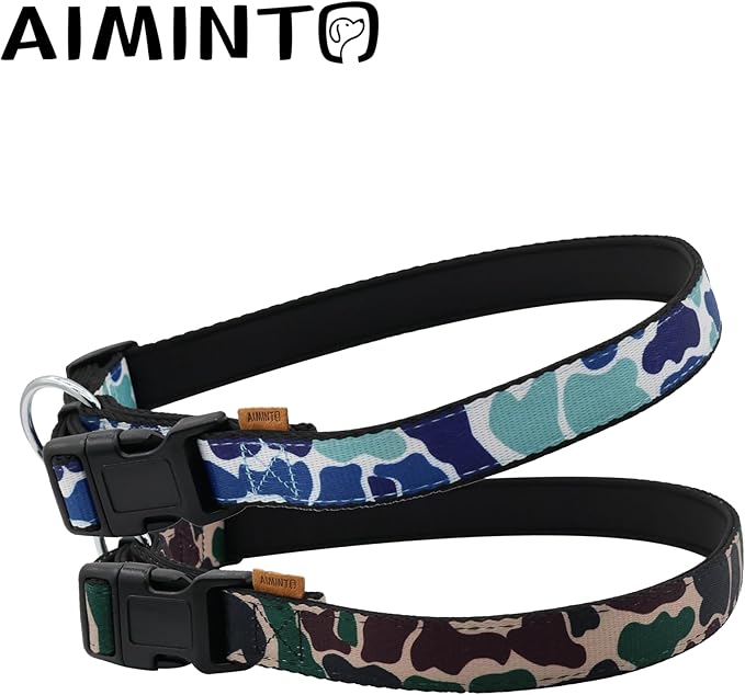 Dog Collar, Cute Camouflage Pattern, Neoprene Padded and Adjustable Collar with Quick Release Buckle, Reinforced Structure (L (Neck 18-28", Width 1"), Camouflage Blue)