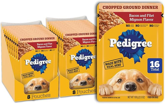 PEDIGREE CHOPPED GROUND DINNER Adult Soft Wet Dog Food, Bacon and Filet Mignon Flavor, 3.5 oz Pouches, 16 Pack