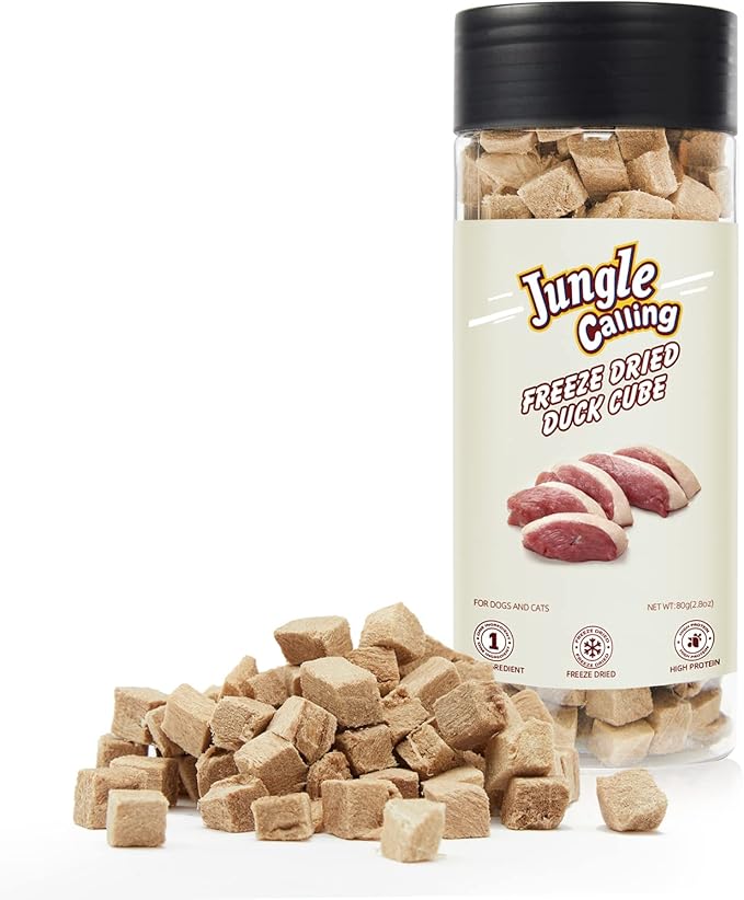 Jungle Calling Freeze Dried Dog and Cat Treats - High Protein, Low Fat, Made with a Single Ingredient - Perfect for Training and Snacking, 2.8 oz (Duck Cube)