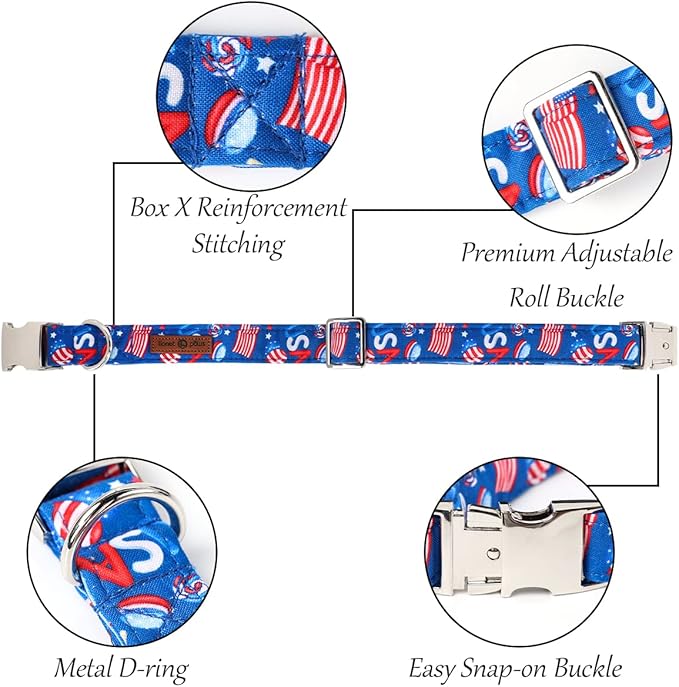 Lionet Paws Dog Collar, Comfortable Cute American Collar with Metal Buckle for Male Female Dogs, July of 4th, XLarge, Neck 16-26 inches