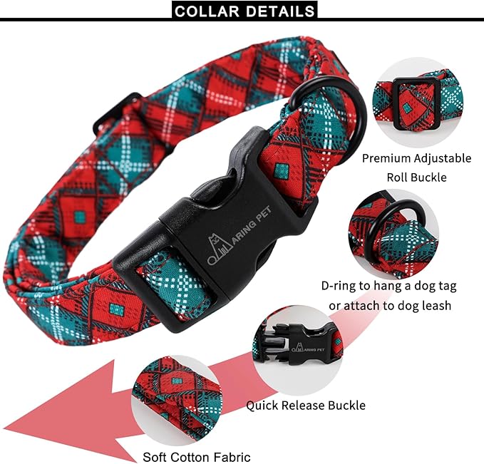 ARING PET Christmas Dog Collar-Cotton Lightweight Red Green Plaid Dog Collars, Adjustable Christmas Pet Collar Puppy Collars with Quick Release Buckle