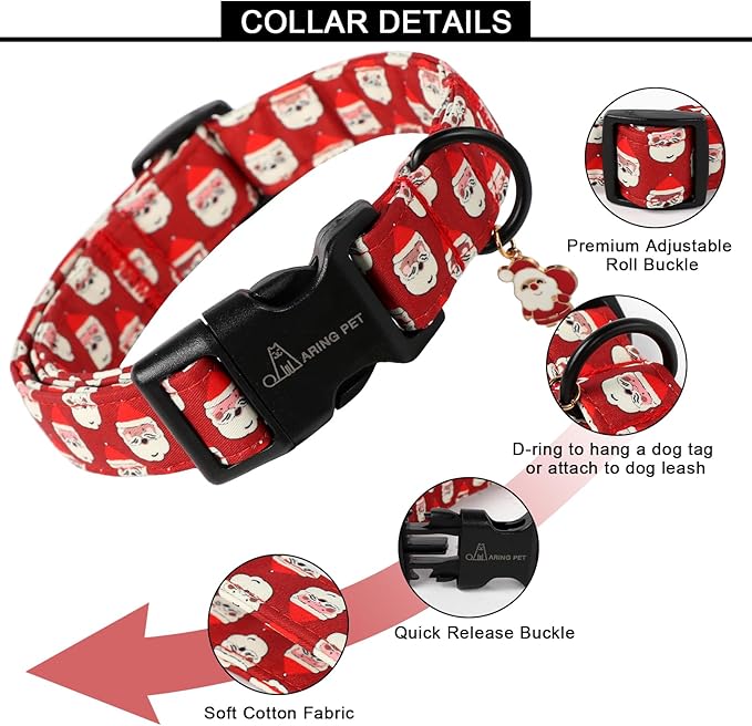 ARING PET Christmas Dog Collar-Cute Red Santa Claus Dog Collars, Adjustable Christmas Pet Collars Puppy Collar with Quick Release Buckle for Girl&Boy Dogs