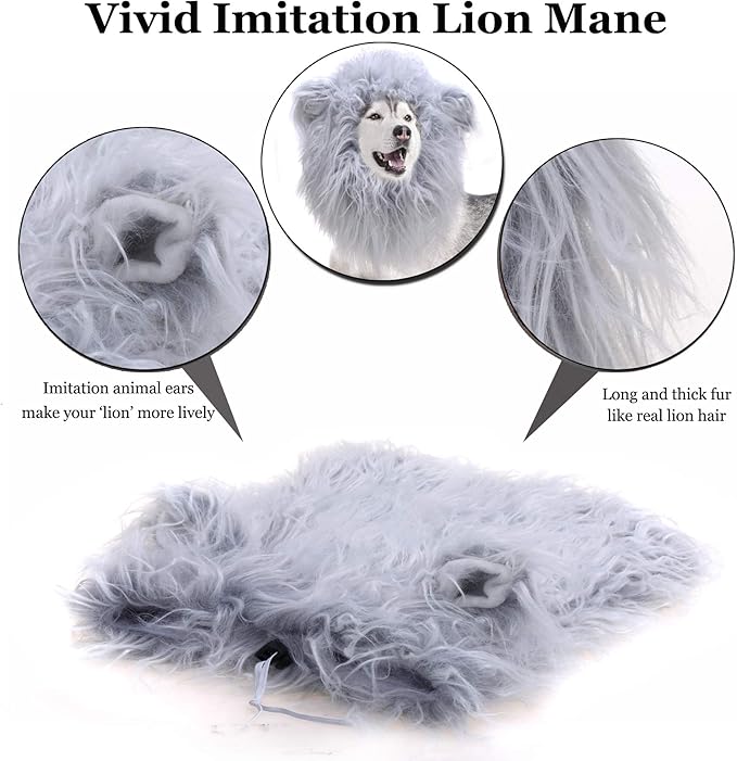 Onmygogo Lion Mane Wig for Dogs with Ears, Funny Pet Costumes for Halloween Christmas (Size L, Grey with White)