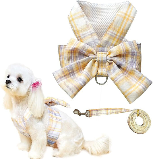 Cute Dog Harness and Leash Set with Bow Tie Soft Mesh Plaid Girl Puppy Harness No Pull Pet Cat Dog Vest Harness for Small Dogs Chihuahua Rabbit Outfit (Yellow,S)