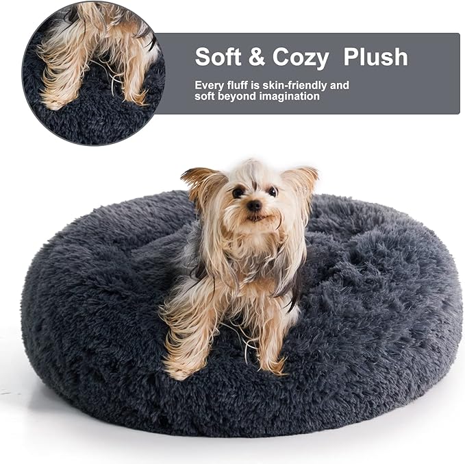 WNPETHOME Calming Dog & Cat Bed, Anti-Anxiety Donut Bed, Fluffy Faux Fur Cushion for Small Dogs and Cats (20 x 20 x 8 Inch, Navy Grey)
