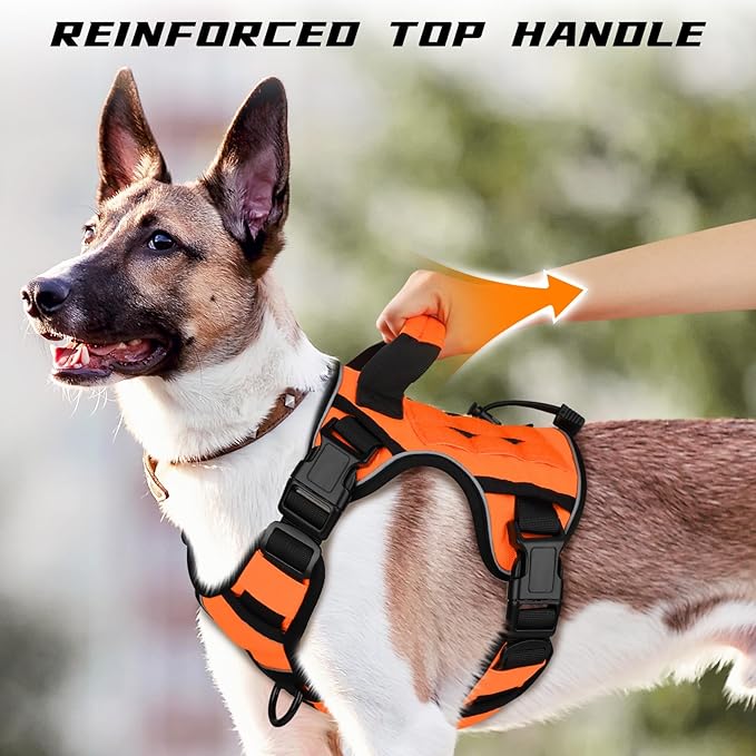 WINGOIN Orange Tactical Dog Harness Vest for Large Medium Dogs No Pull Adjustable Reflective K9 Military Dog Service Harnesses with Handle for Walking, Hiking, Training(M)