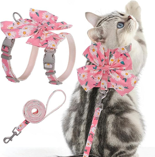 PAWCHIE Cat Harness and Leash Set with Bow Knot,Cats Escape Proof-Adjustable Daisy Floral Kitten Harness Soft Outdoor Walking Travel Pet Harness,Puppy Harness for Girl Cats Bunny Rabbit Small Dog,Pink