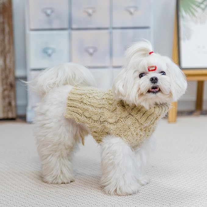 Turtleneck Small Dog Sweaters - Classic Cable Knitwear Winter Coat for Small Medium Dogs Male Female Puppy Dog Cold Weather Clothes Girls Boys, Cream, M