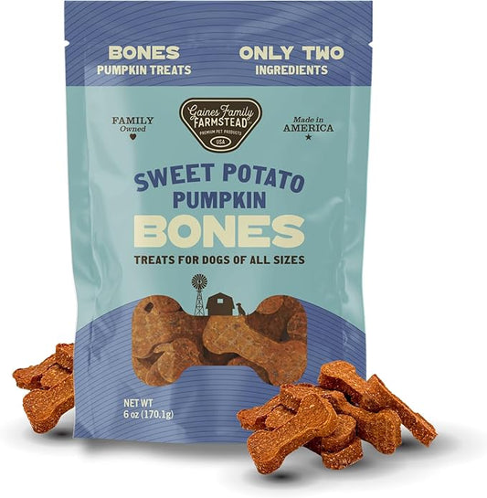 Gaines Family Farmstead Sweet Potato & Pumpkin Dog Bones – 6 oz, Natural, Grain-Free Dog Treats for Digestive Health & Immunity – High-Fiber, Vitamin-Rich Chews for All Dogs, Made in USA