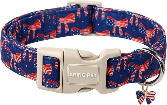 ARING PET 4th of July Dog Collar-Cute Bow Patriotic Dog Collars, Adjustable American Flag Pet Collars Puppy Collar with Quick Release Buckle