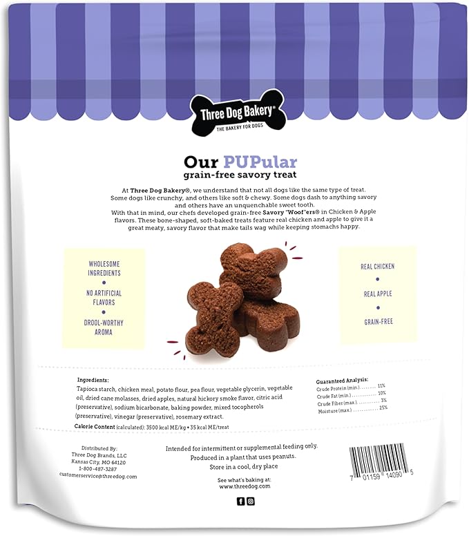 Three Dog Bakery Grain-Free Savory Woof ers in Chicken & Apple - Low Fat Dog Treats, Chicken & Apple Flavored Puppy Training Treats, Cookies for Dog Training Treats