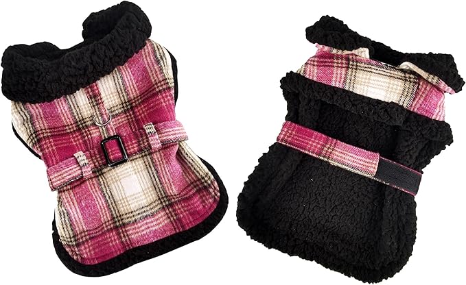 Sherpa-Lined Dog Harness Coat (Medium, Hot Pink & Tan Plaid)