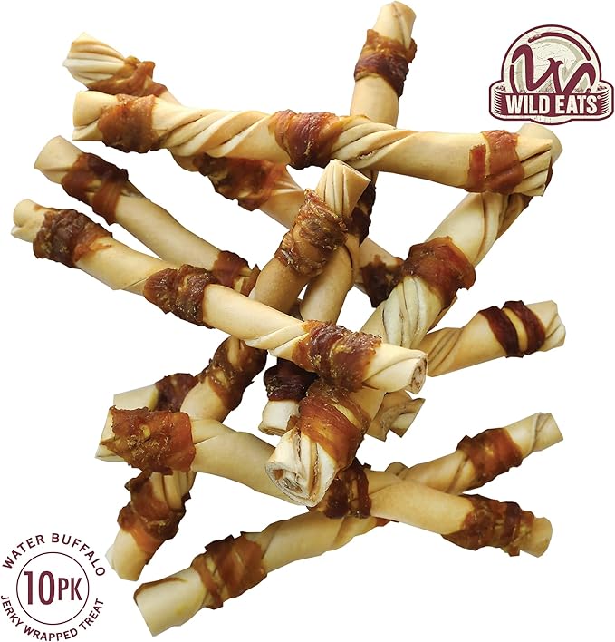 Water Buffalo Jerky Wrapped Cheek Twist Dog Chews - 10 Pack (Healthy Alternative for Beef Rawhides for Dogs, Natural Treat, Single Source Protein Dog Treat)