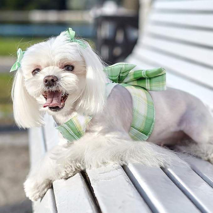 Cute Dog Harness and Leash Set with Bow Tie Soft Mesh Plaid Girl Puppy Harness No Pull Pet Cat Dog Vest Harness for Small Dogs Chihuahua Rabbit Outfit (Green,L)