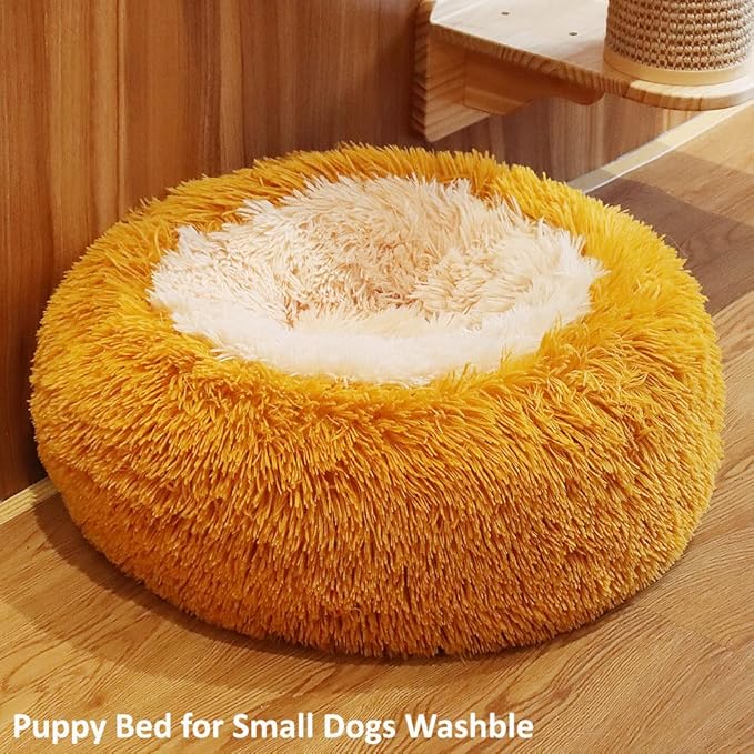 Round Small Dog Bed Washable Cozy Soft Calming Pet Bed with Anti-Anxiety Fits up to 15lbs,Orange 19 inches