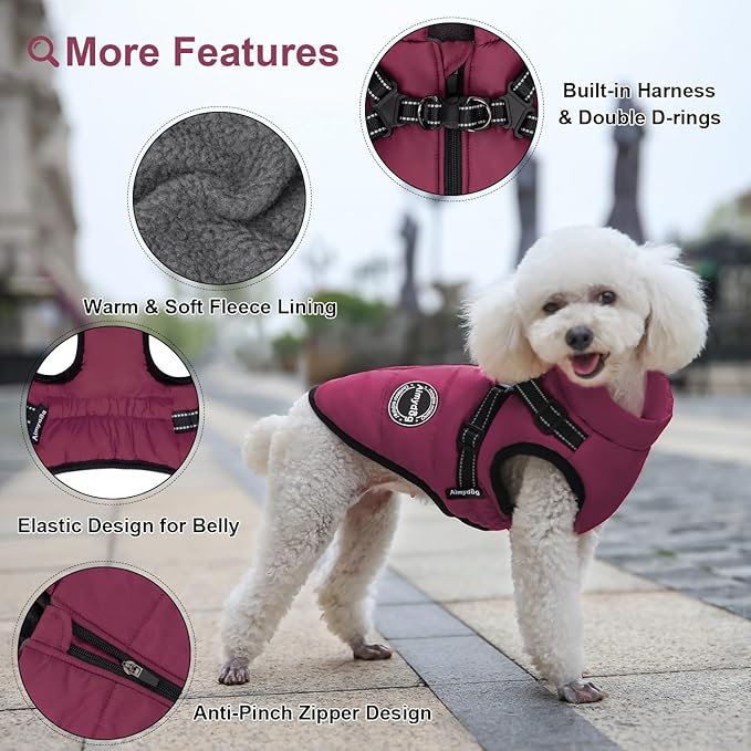 Warm Winter Coat for Dogs, Fashionable Sports Jacket with Built-in Harness, Reflective & Adjustable Pet Vest, Waterproof Windproof Apparel for Small Dogs (Purple)